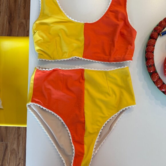 Hammies Colorblock Retro Pin Up Bikini Two Tone Orange Yellow L - Picture 2 of 5